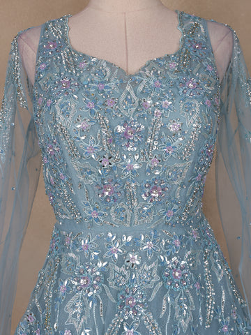 Blue Floral Embroidery Net Bridal Gown - Diadem