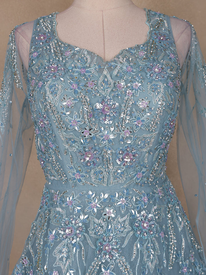 Blue Floral Embroidery Net Bridal Gown - Diadem