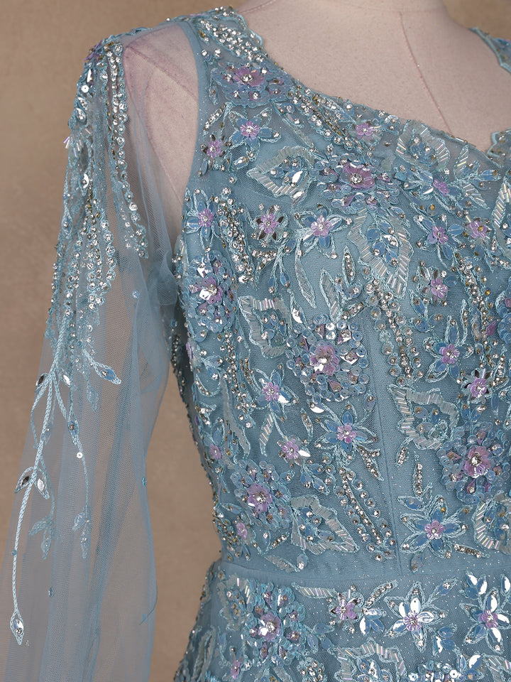 Blue Floral Embroidery Net Bridal Gown - Diadem