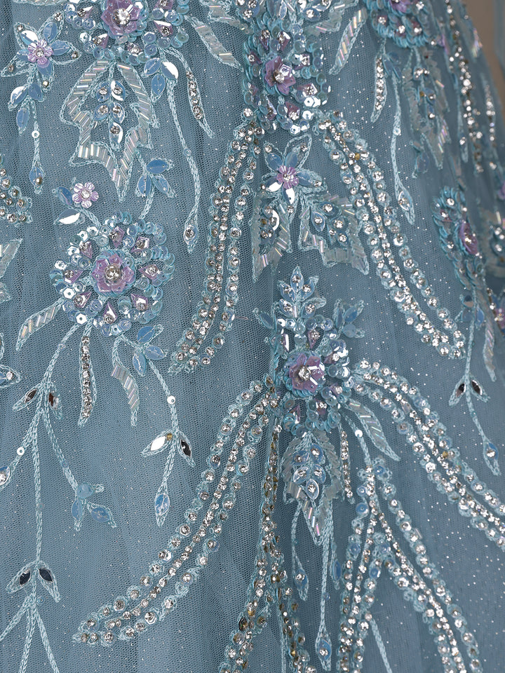 Blue Floral Embroidery Net Bridal Gown - Diadem