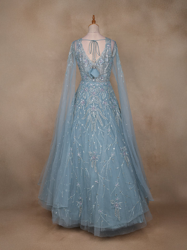 Blue Floral Embroidery Net Bridal Gown - Diadem