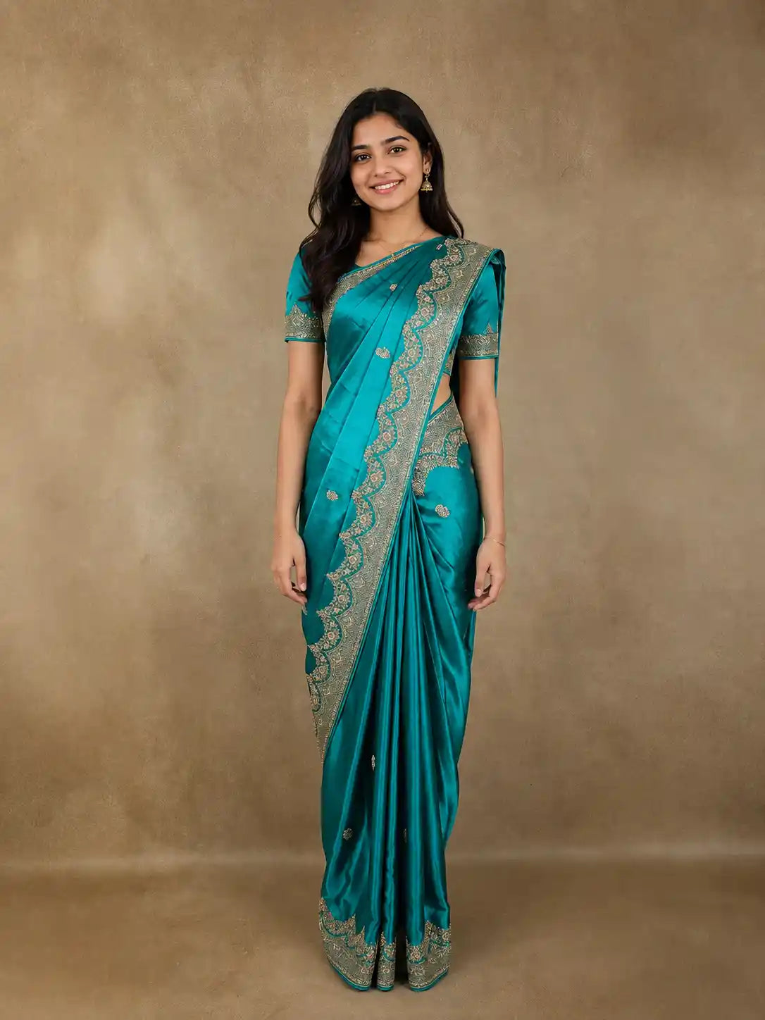 Blue Floral Heavy Sequins and Beads Embroidered Design Satin Designer Saree