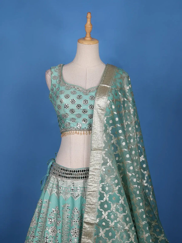 Blue Floral Mirror Designed Banarasi Silk Lehenga for Bridesmaid - Diadem