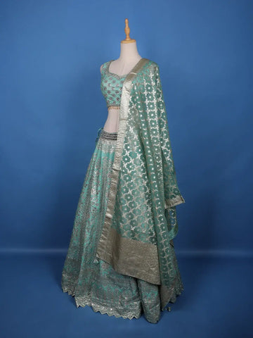 Blue Floral Mirror Designed Banarasi Silk Lehenga for Bridesmaid - Diadem
