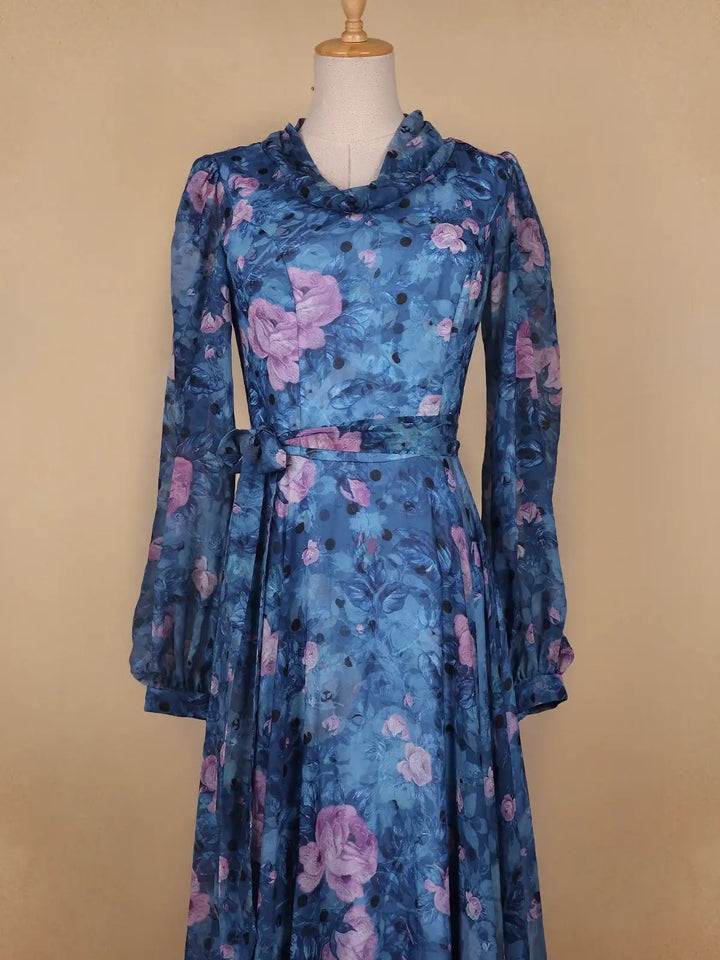 Blue Floral Print Chiffon Partywear Gown - Diadem