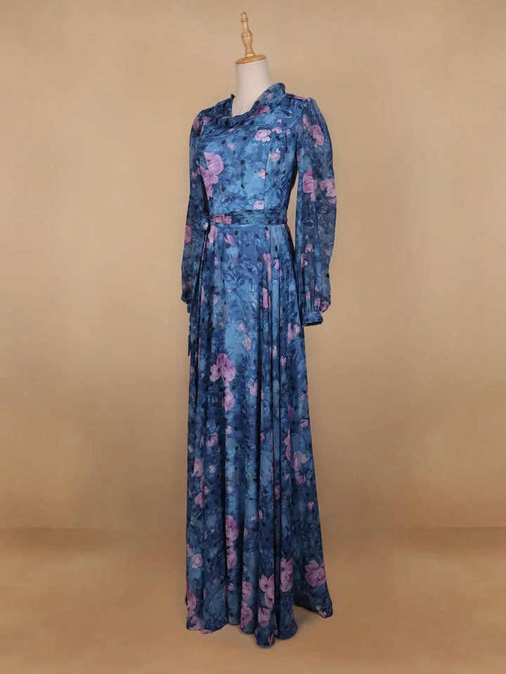 Blue Floral Print Chiffon Partywear Gown - Diadem
