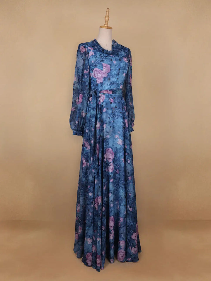 Blue Floral Print Chiffon Partywear Gown - Diadem