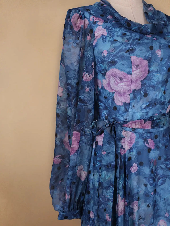 Blue Floral Print Chiffon Partywear Gown - Diadem
