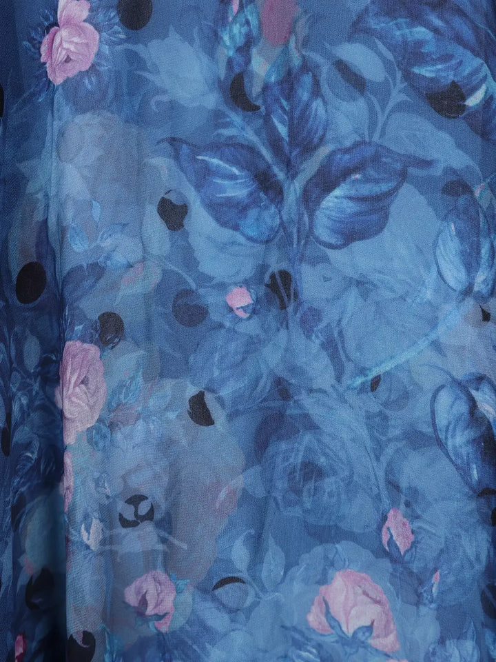 Blue Floral Print Chiffon Partywear Gown - Diadem
