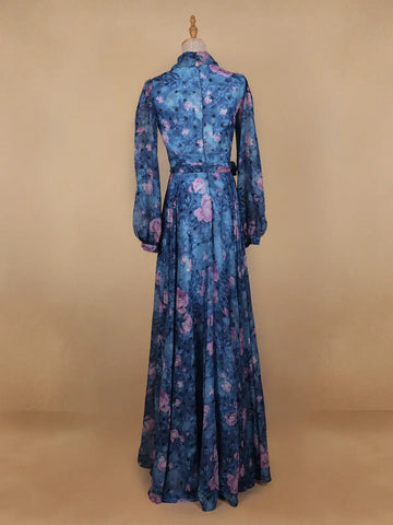 Blue Floral Print Chiffon Partywear Gown - Diadem