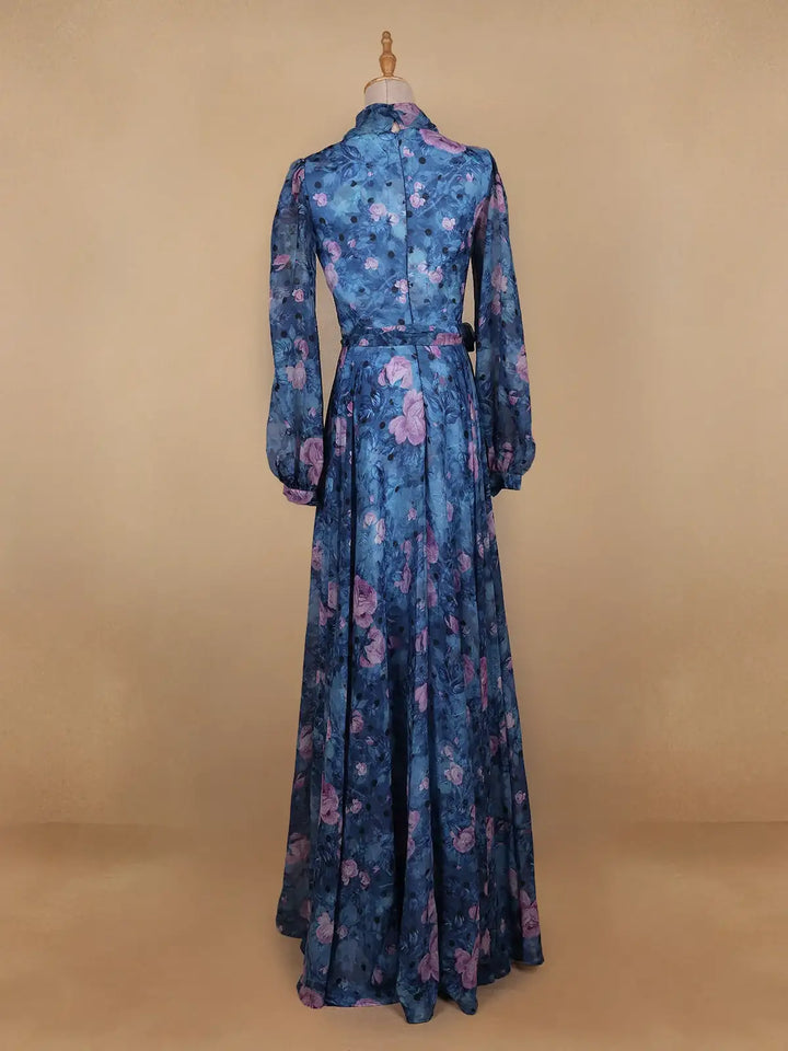 Blue Floral Print Chiffon Partywear Gown - Diadem