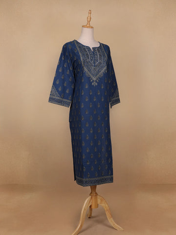 Blue Floral Printed Casual Cotton Kurti - Diadem