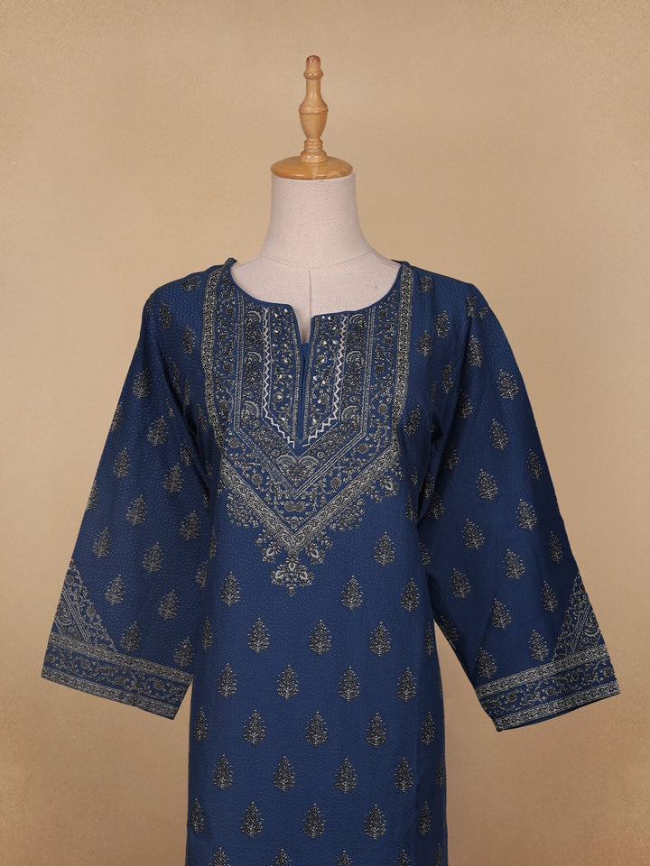 Blue Floral Printed Casual Cotton Kurti - Diadem