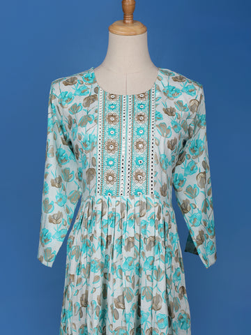 Blue Floral Printed Cotton Anarkali Kurti - Diadem