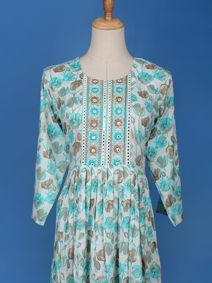 Blue Floral Printed Cotton Anarkali Kurti - Diadem