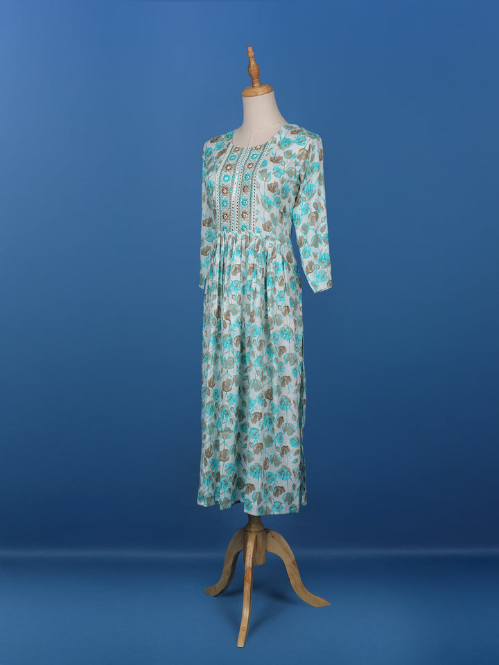 Blue Floral Printed Cotton Anarkali Kurti - Diadem