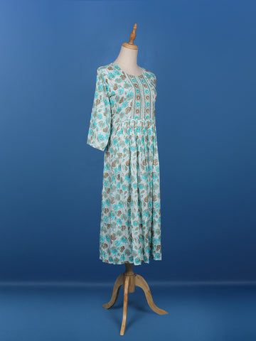 Blue Floral Printed Cotton Anarkali Kurti - Diadem