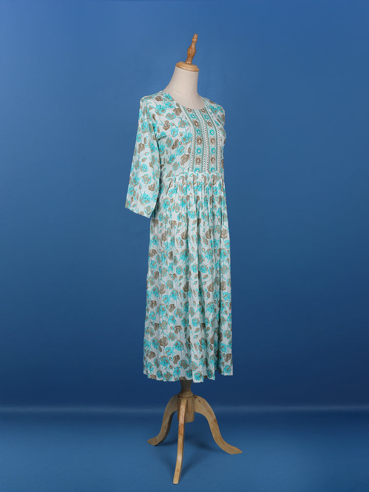 Blue Floral Printed Cotton Anarkali Kurti - Diadem