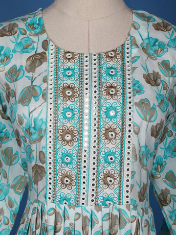 Blue Floral Printed Cotton Anarkali Kurti - Diadem