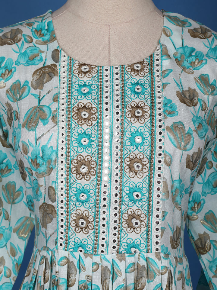 Blue Floral Printed Cotton Anarkali Kurti - Diadem