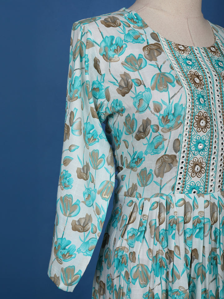 Blue Floral Printed Cotton Anarkali Kurti - Diadem