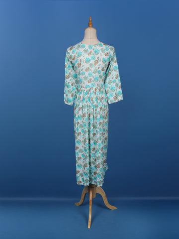 Blue Floral Printed Cotton Anarkali Kurti - Diadem