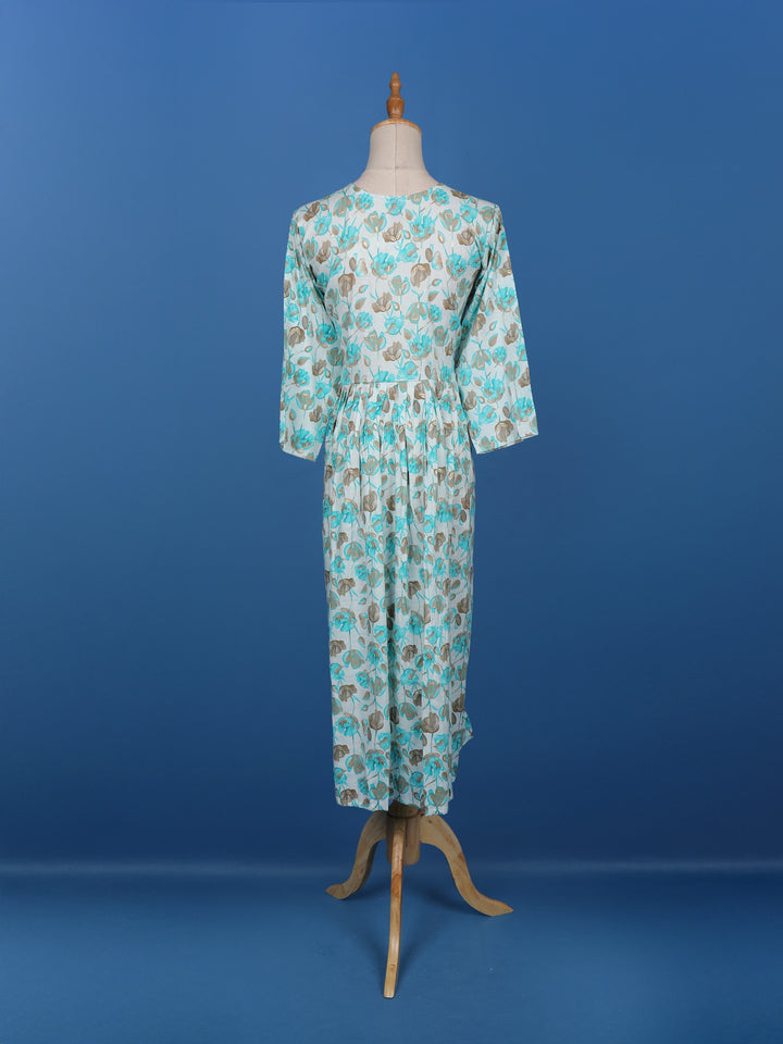 Blue Floral Printed Cotton Anarkali Kurti - Diadem