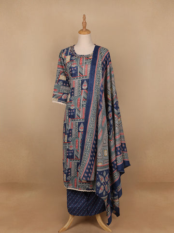 Blue Floral Printed Cotton Salwar Suit - Diadem