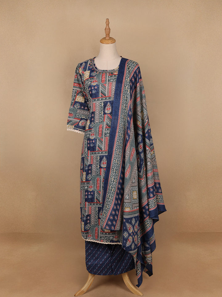 Blue Floral Printed Cotton Salwar Suit - Diadem