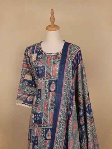 Blue Floral Printed Cotton Salwar Suit - Diadem