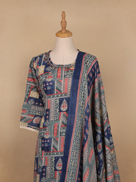 Blue Floral Printed Cotton Salwar Suit - Diadem