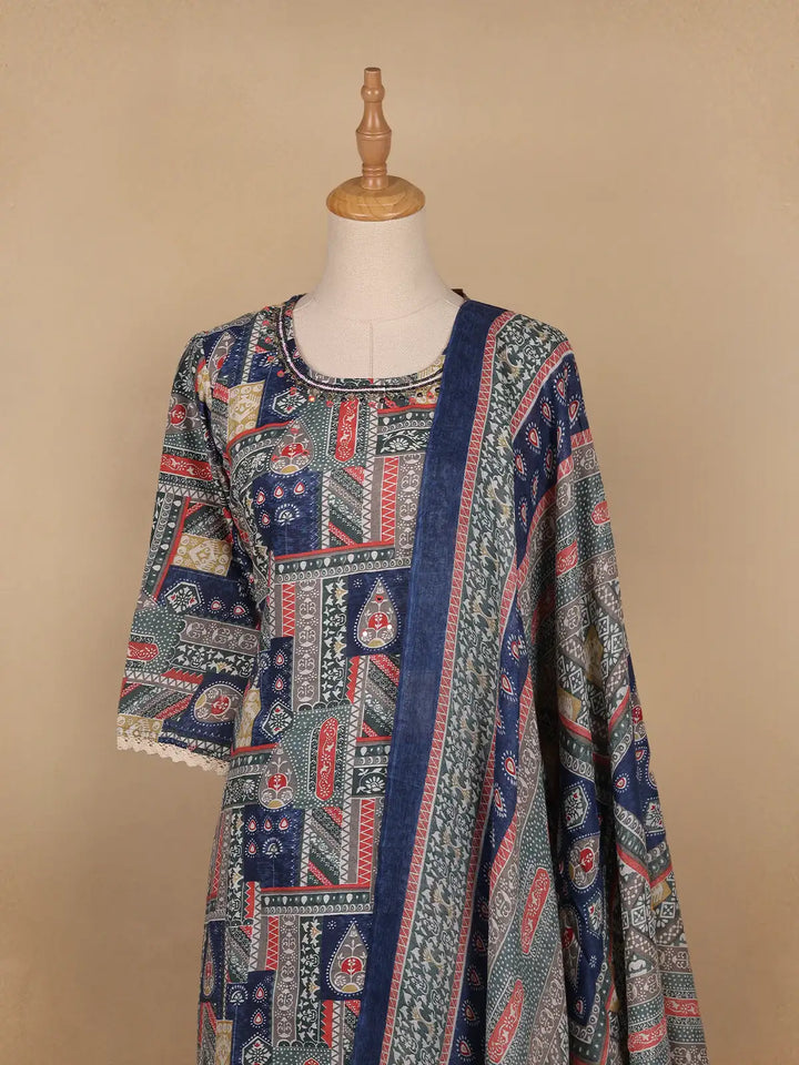 Blue Floral Printed Cotton Salwar Suit - Diadem