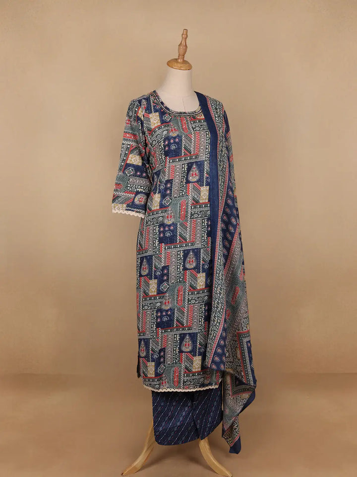 Blue Floral Printed Cotton Salwar Suit - Diadem