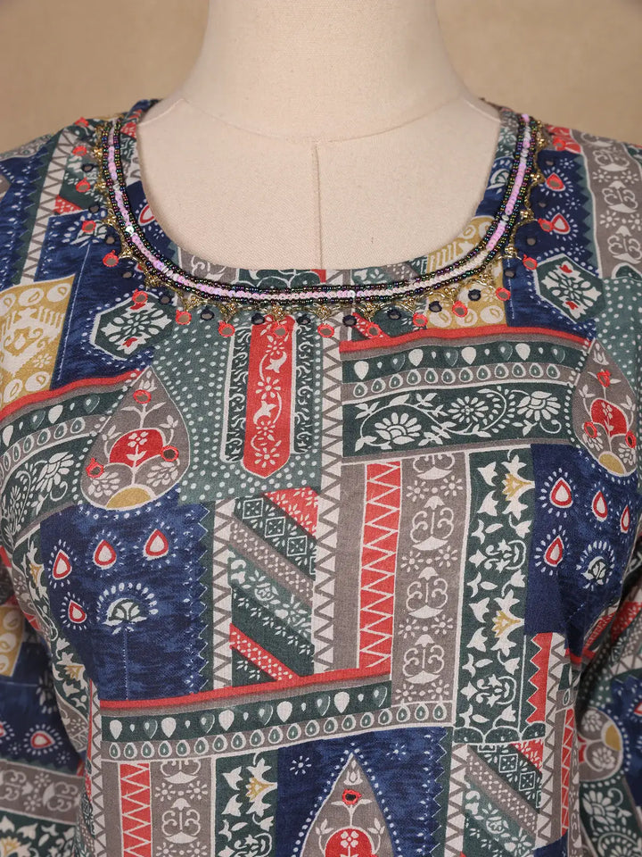 Blue Floral Printed Cotton Salwar Suit - Diadem