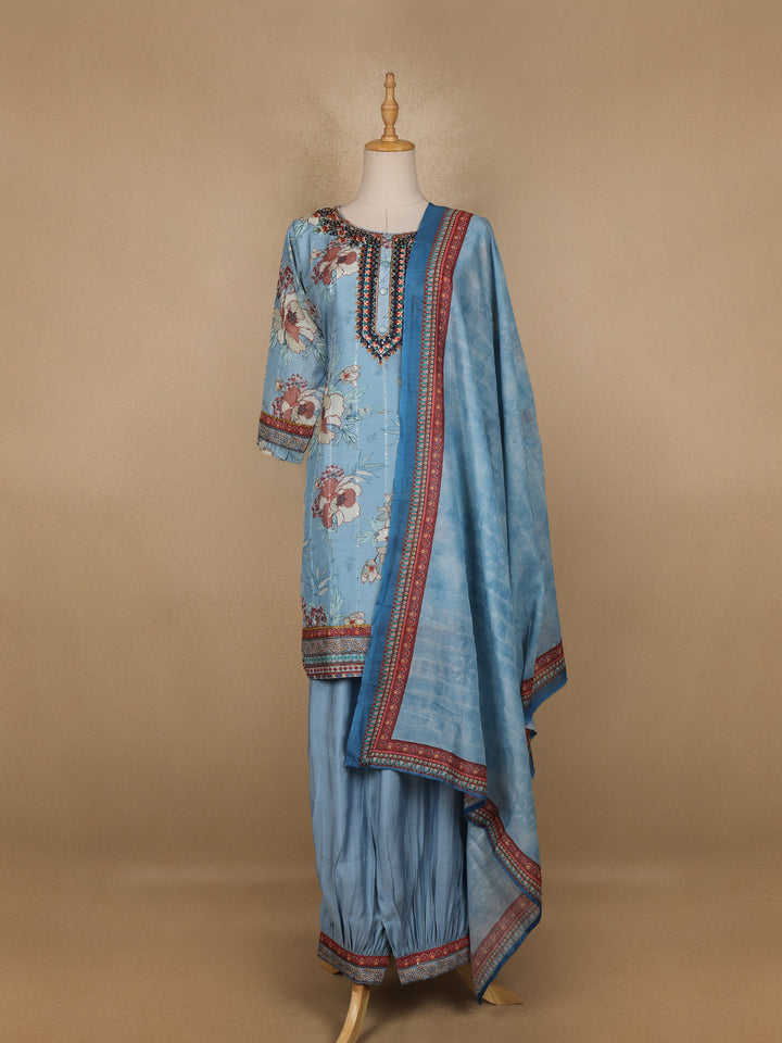 Blue Floral Printed Cotton Salwar Suit - Diadem