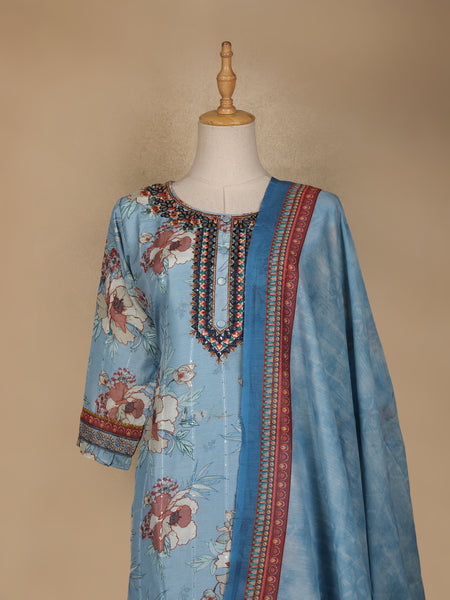 Blue Floral Printed Cotton Salwar Suit - Diadem
