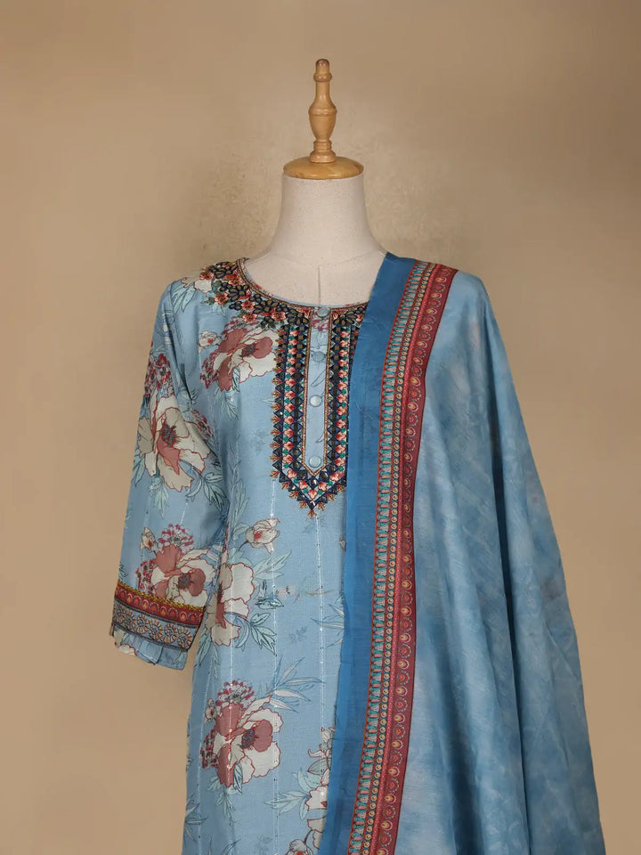 Blue Floral Printed Cotton Salwar Suit - Diadem