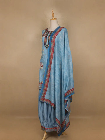 Blue Floral Printed Cotton Salwar Suit - Diadem