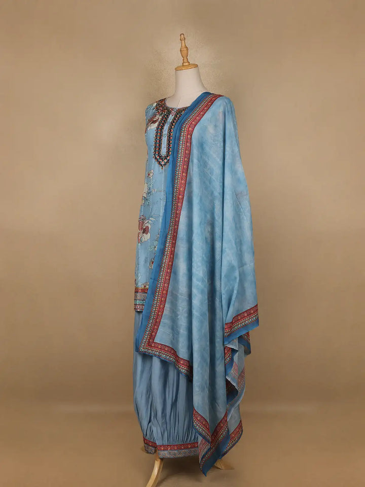 Blue Floral Printed Cotton Salwar Suit - Diadem