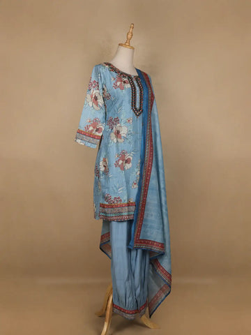 Blue Floral Printed Cotton Salwar Suit - Diadem