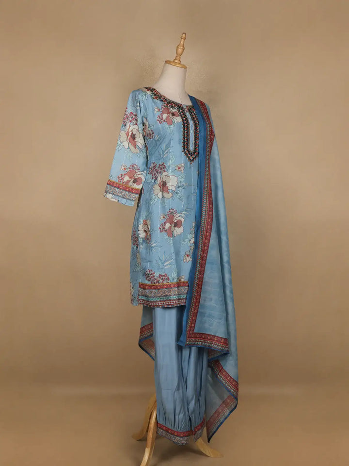 Blue Floral Printed Cotton Salwar Suit - Diadem