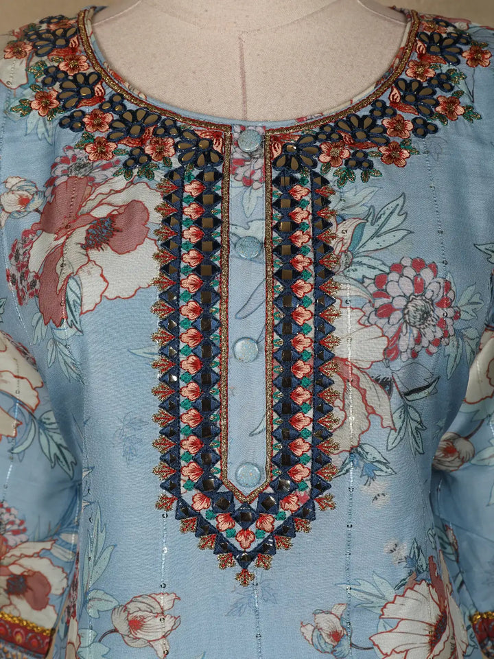 Blue Floral Printed Cotton Salwar Suit - Diadem