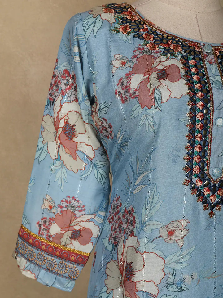 Blue Floral Printed Cotton Salwar Suit - Diadem