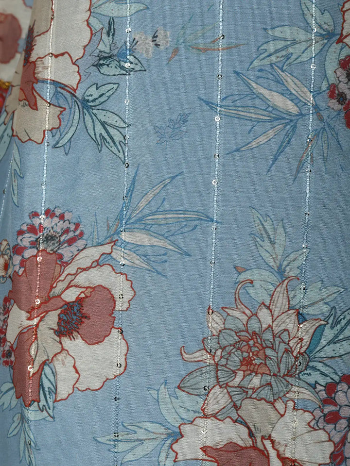Blue Floral Printed Cotton Salwar Suit - Diadem