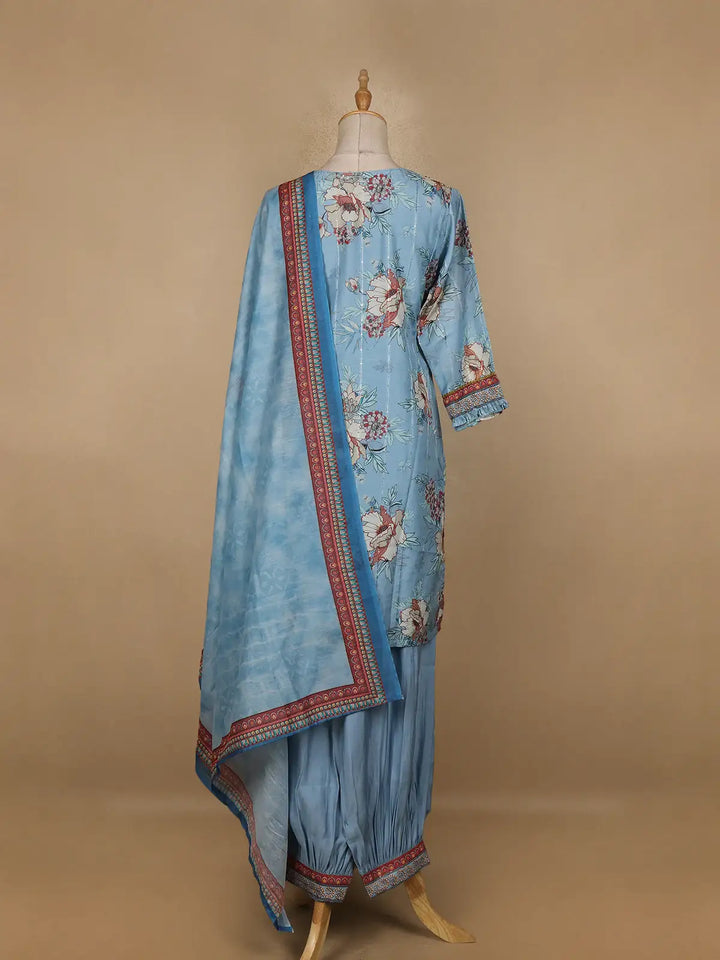 Blue Floral Printed Cotton Salwar Suit - Diadem
