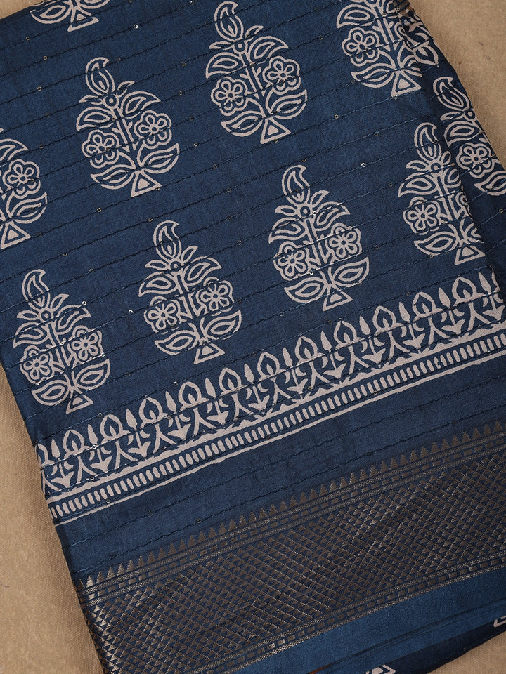 Blue Floral Printed Cotton Saree - Diadem
