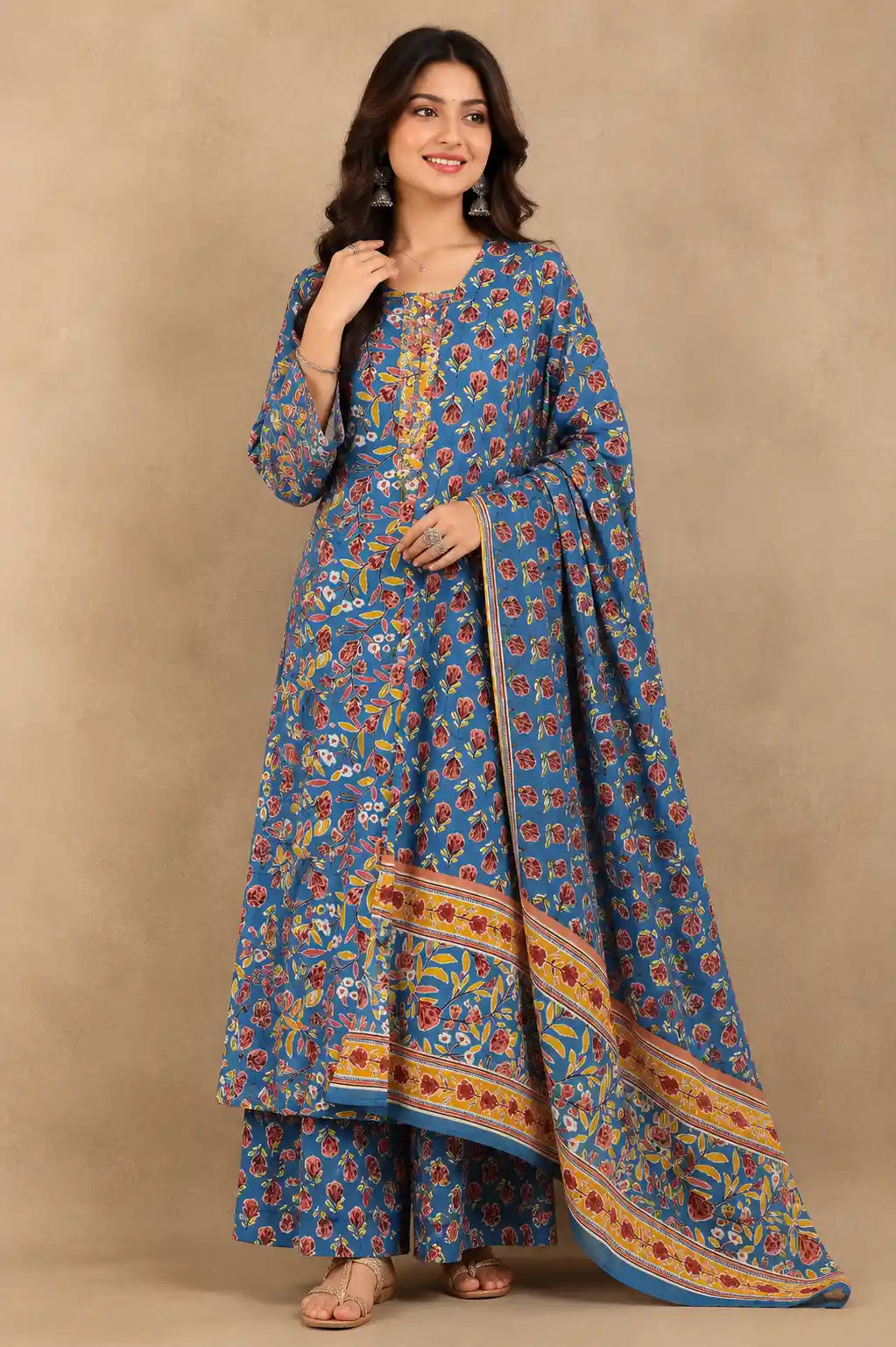Blue Floral Printed Design Cotton Straight Cut Salwar Suit