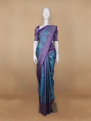 Blue Floral Woven Pure Kanchipuram Silk Saree - Diadem