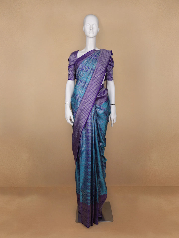 Blue Floral Woven Pure Kanchipuram Silk Saree - Diadem