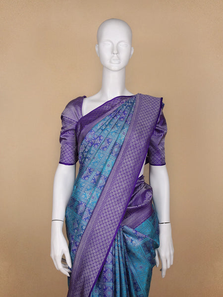 Blue Floral Woven Pure Kanchipuram Silk Saree - Diadem
